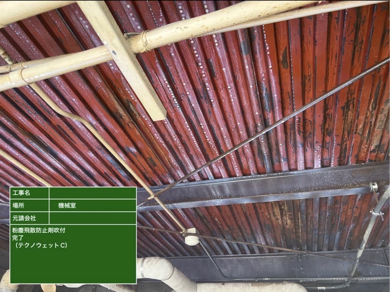粉塵飛散防止剤吹付後の天井全体の完了状況
